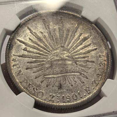 博洋堂世界钱币拍卖第129期（全场包邮） NGC MS62 1901-Zs FZ 墨西哥鹰洋1比索，淡彩金包浆，打制不错