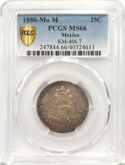 博洋堂世界钱币拍卖第129期（全场包邮） PCGS MS66 墨西哥1880年天平鹰洋25分，冠军分！五彩包浆细节一流。