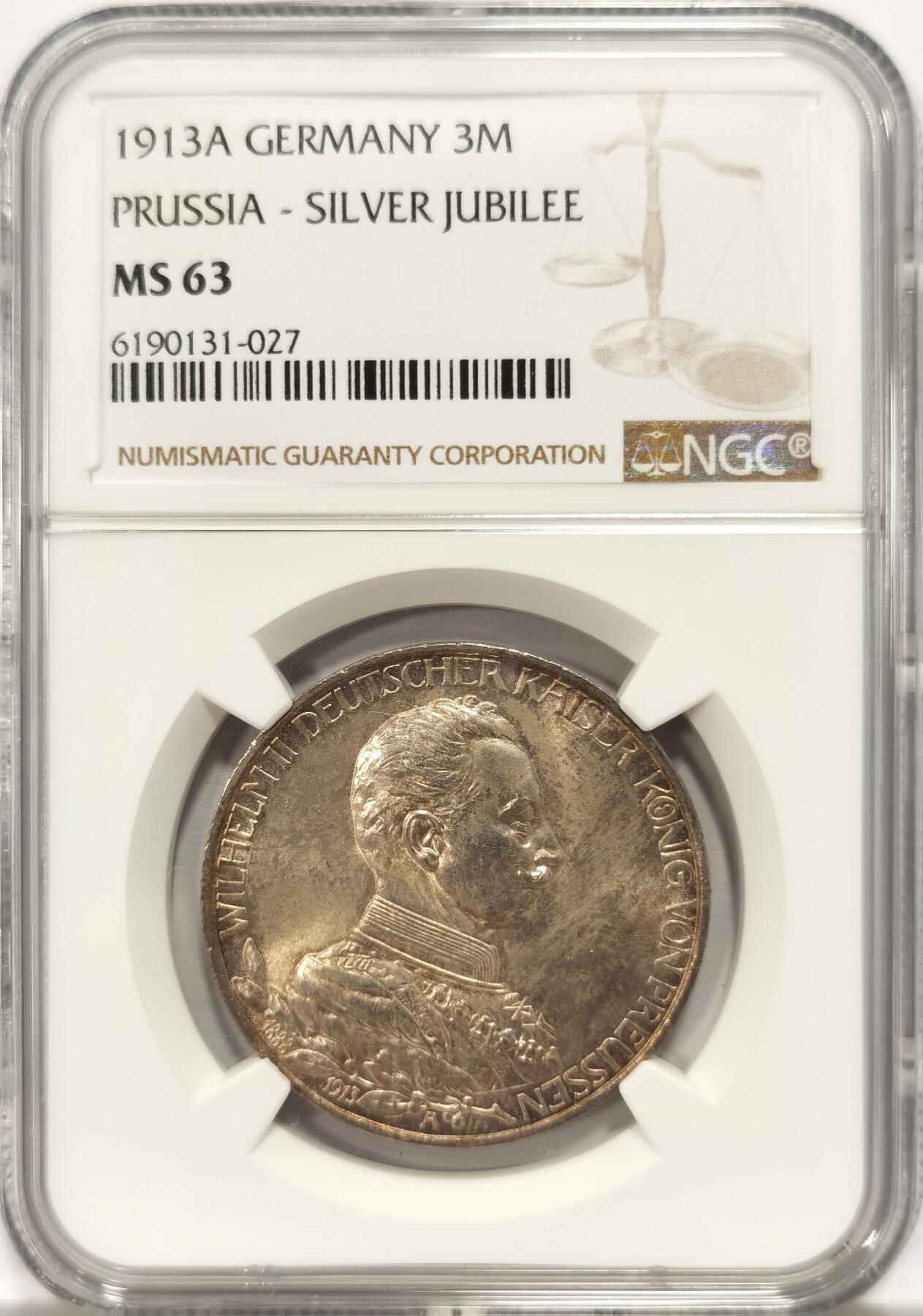 博洋堂世界钱币拍卖第129期（全场包邮） NGC MS63 德国普鲁士1913年3马克银币