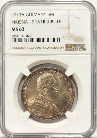 博洋堂世界钱币拍卖第129期（全场包邮） NGC MS63 德国普鲁士1913年3马克银币