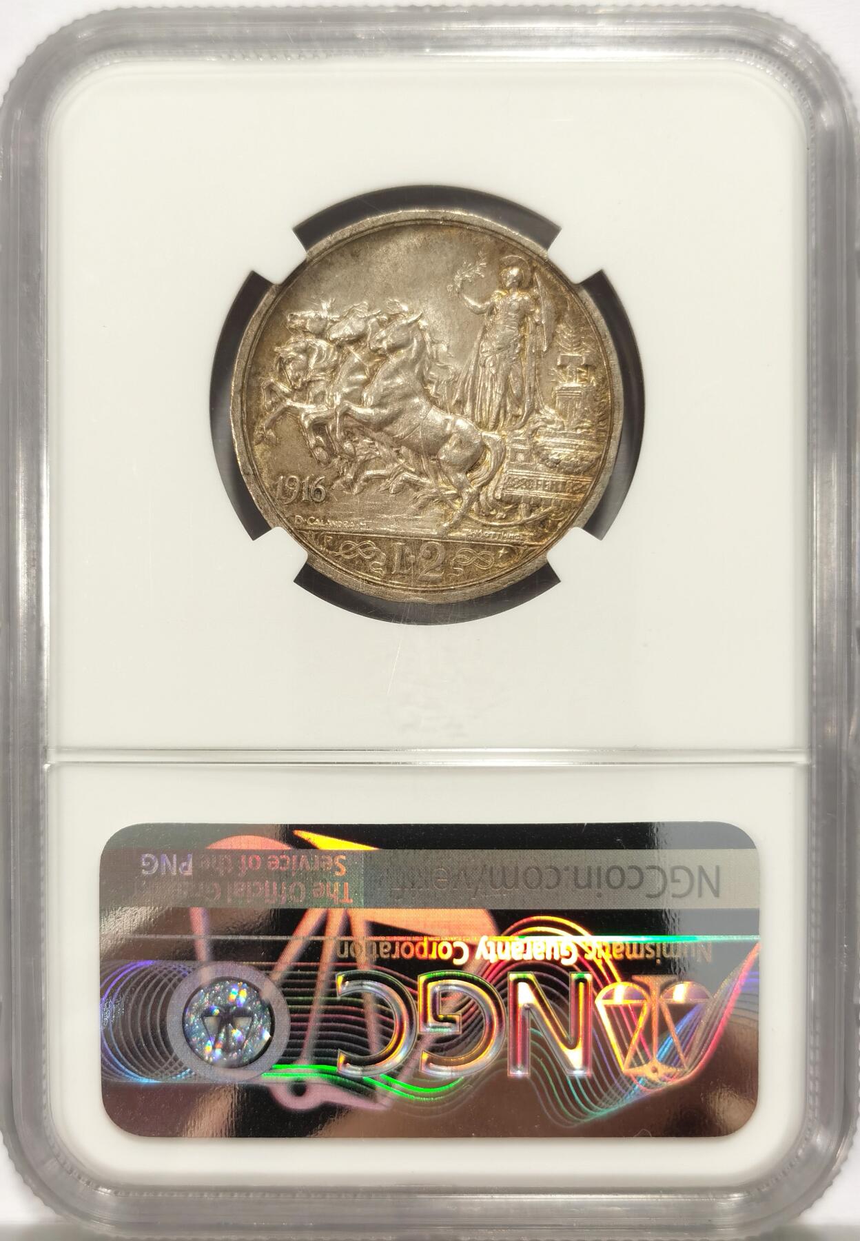 博洋堂世界钱币拍卖第129期（全场包邮） NGC MS62 意大利1916年埃马努埃莱三世2里拉银币。超经典马车设计，早期评级，绝美包浆