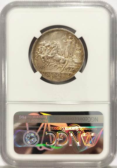 博洋堂世界钱币拍卖第129期（全场包邮） NGC MS62 意大利1916年埃马努埃莱三世2里拉银币。超经典马车设计，早期评级，绝美包浆