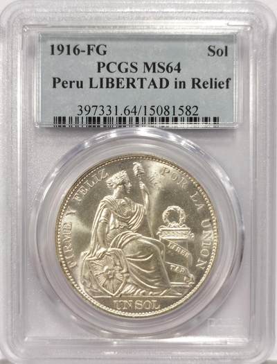 博洋堂世界钱币拍卖第129期（全场包邮） PCGS MS64 秘鲁1916年1索尔银币，凸字版。