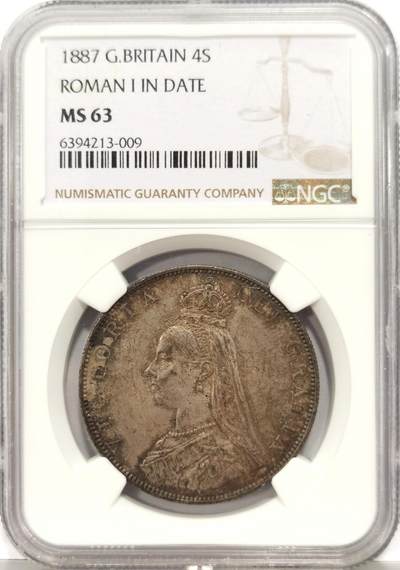 博洋堂世界钱币拍卖第129期（全场包邮） NGC MS63 英国1887年双福林银币，4先令大银币，老包浆老味道，状态非常不错，罗马版本