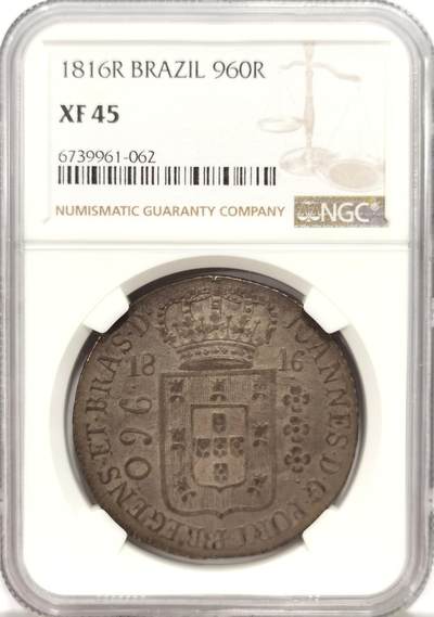 博洋堂世界钱币拍卖第129期（全场包邮） NGC XF45 巴西1816年960R，灰黑醇厚包浆，细节深打严重低评。