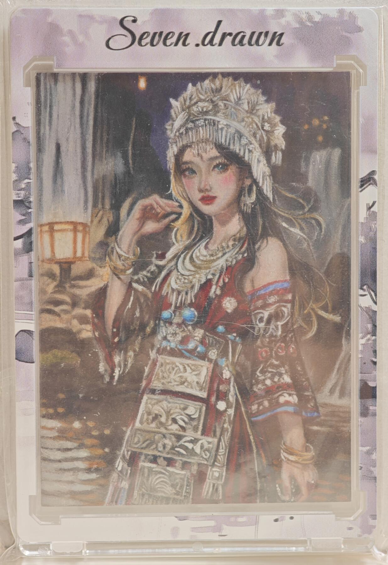 白泽拍卖卡牌手绘专场第20期（夕阳已下月初生，小暑才交雨渐晴） 2024 白昼集工作室手绘卡 苗疆少女 木青亲签 卡砖封装