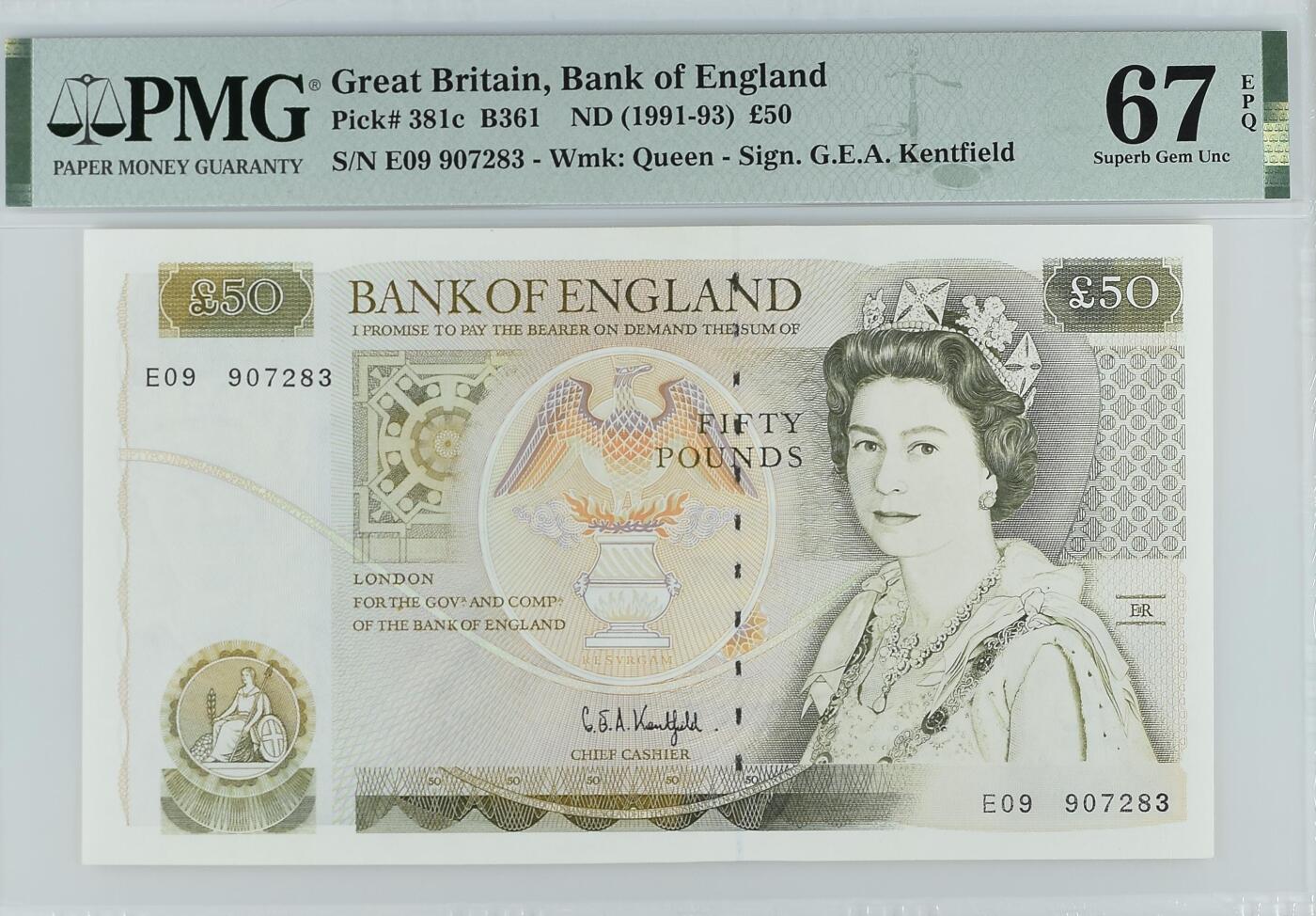 《艾美收藏》第203期-周日外币荟萃 英国D序列1991-93年50镑PMG67E亚军分无4 冠军68分仅3张 背面克里斯托弗·雷恩爵士 Pick#381c