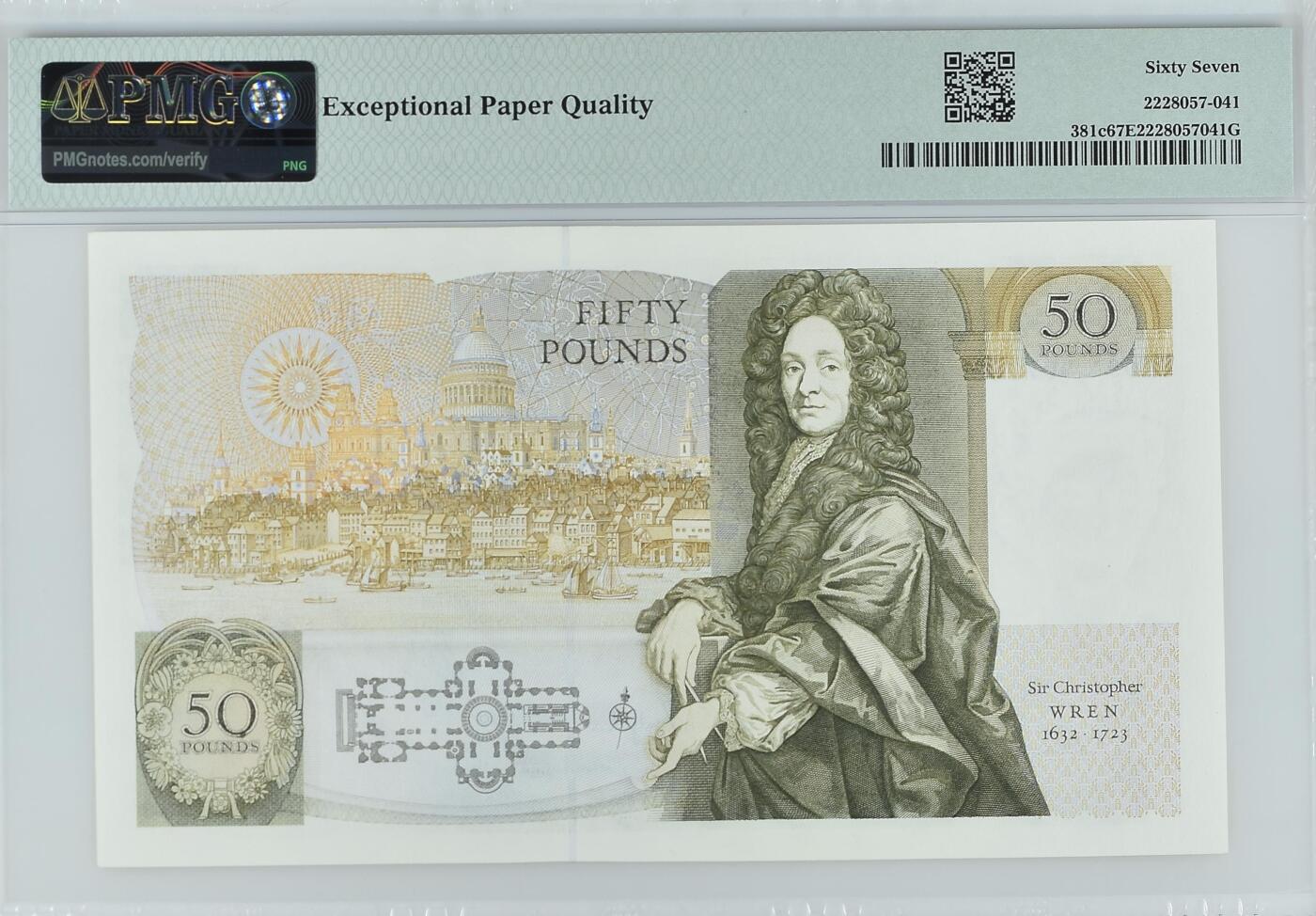《艾美收藏》第203期-周日外币荟萃 英国D序列1991-93年50镑PMG67E亚军分无4 冠军68分仅3张 背面克里斯托弗·雷恩爵士 Pick#381c