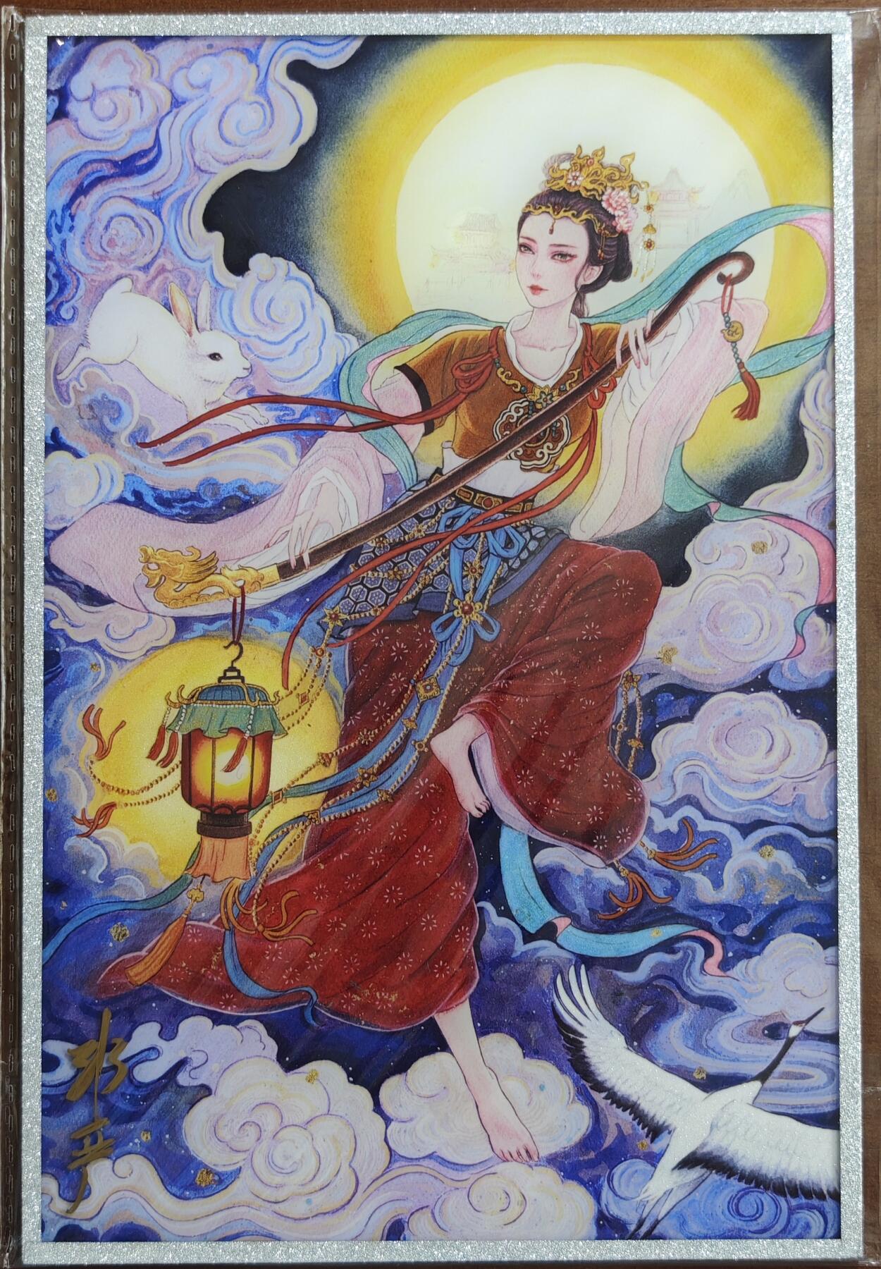 白泽拍卖卡牌手绘专场第20期（夕阳已下月初生，小暑才交雨渐晴） 2025 卡萃 双月霓裳 嫦娥 非严亲签 背面非严签绘嫦娥（上色精美）色纸 尺寸：21cm*14cm