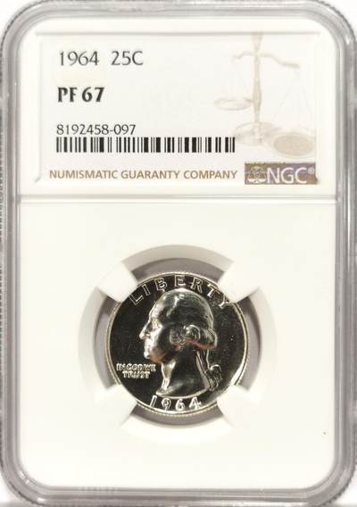 博洋堂世界钱币拍卖第129期（全场包邮） NGC PF67 美国1964年罗斯福25分银币，高分镜面