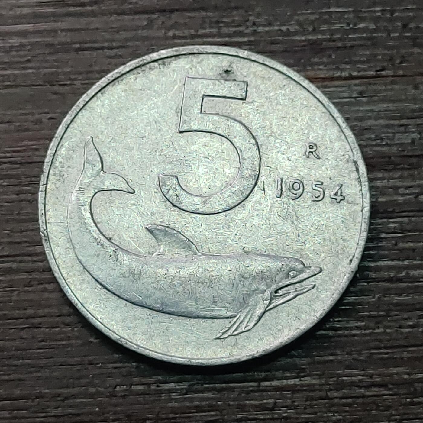 【铜匠收藏】★第121场★散币场，无佣金，30包邮。不满30元，支付5元运费。《接受代拍 代送NGC评级》 意大利 1954年  5里拉 海豚 铝币