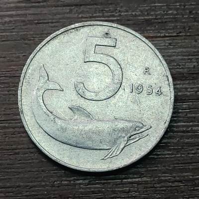 【铜匠收藏】★第121场★散币场，无佣金，30包邮。不满30元，支付5元运费。《接受代拍 代送NGC评级》 - 意大利 1954年  5里拉 海豚 铝币