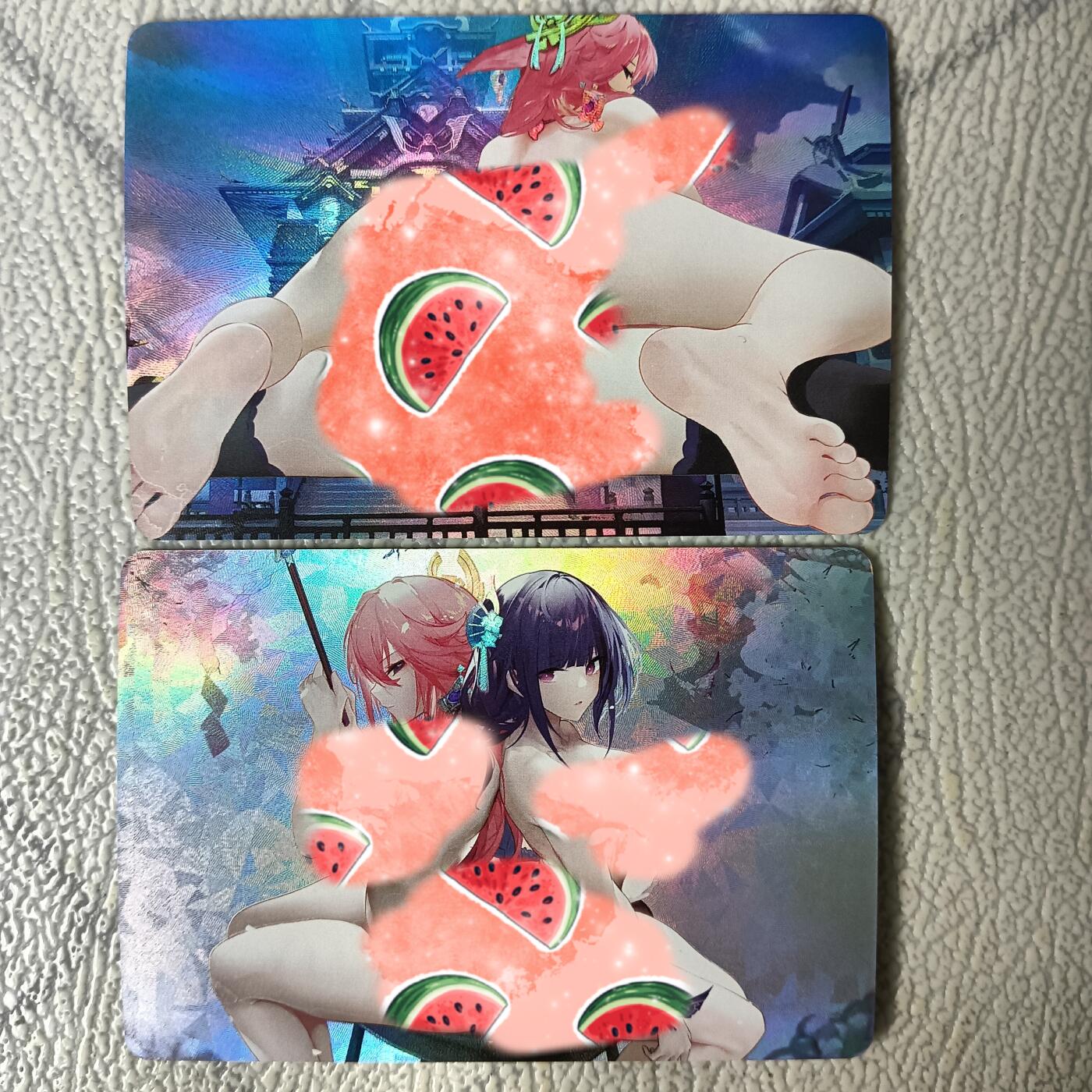 花开卡拍第29期（品控勿拍!!!拍品不寄存，运费5元，自制卡难免瑕疵，可能存在轻微撞角爆边等出厂瑕疵，品控介意勿拍！） 狗哥满赠 彩闪原神八神童子雷电将军一对 一张背面艺术版