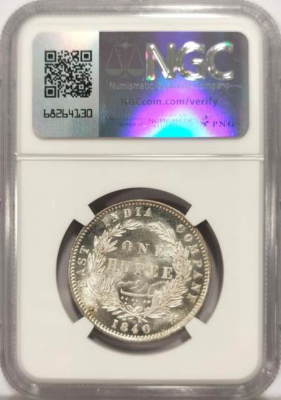 博洋堂世界钱币拍卖第129期（全场包邮） NGC MS63 英属东印度公司1840年维多利亚双辫版1卢比银币