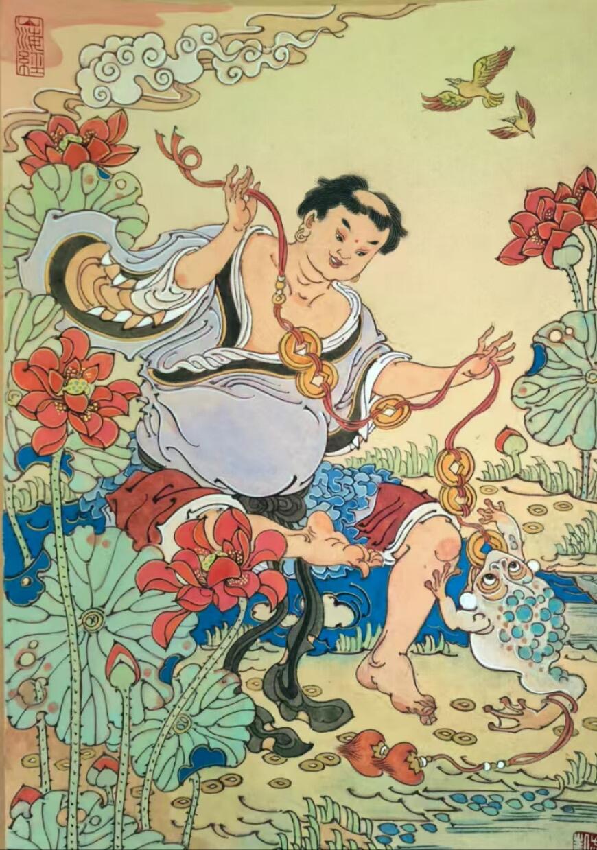 白泽拍卖卡牌手绘专场第20期（夕阳已下月初生，小暑才交雨渐晴） 2025 陈岱青手绘画 刘海戏金蟾 尺寸：21cm*30cm，亲签粗闪卡，交通卡两张