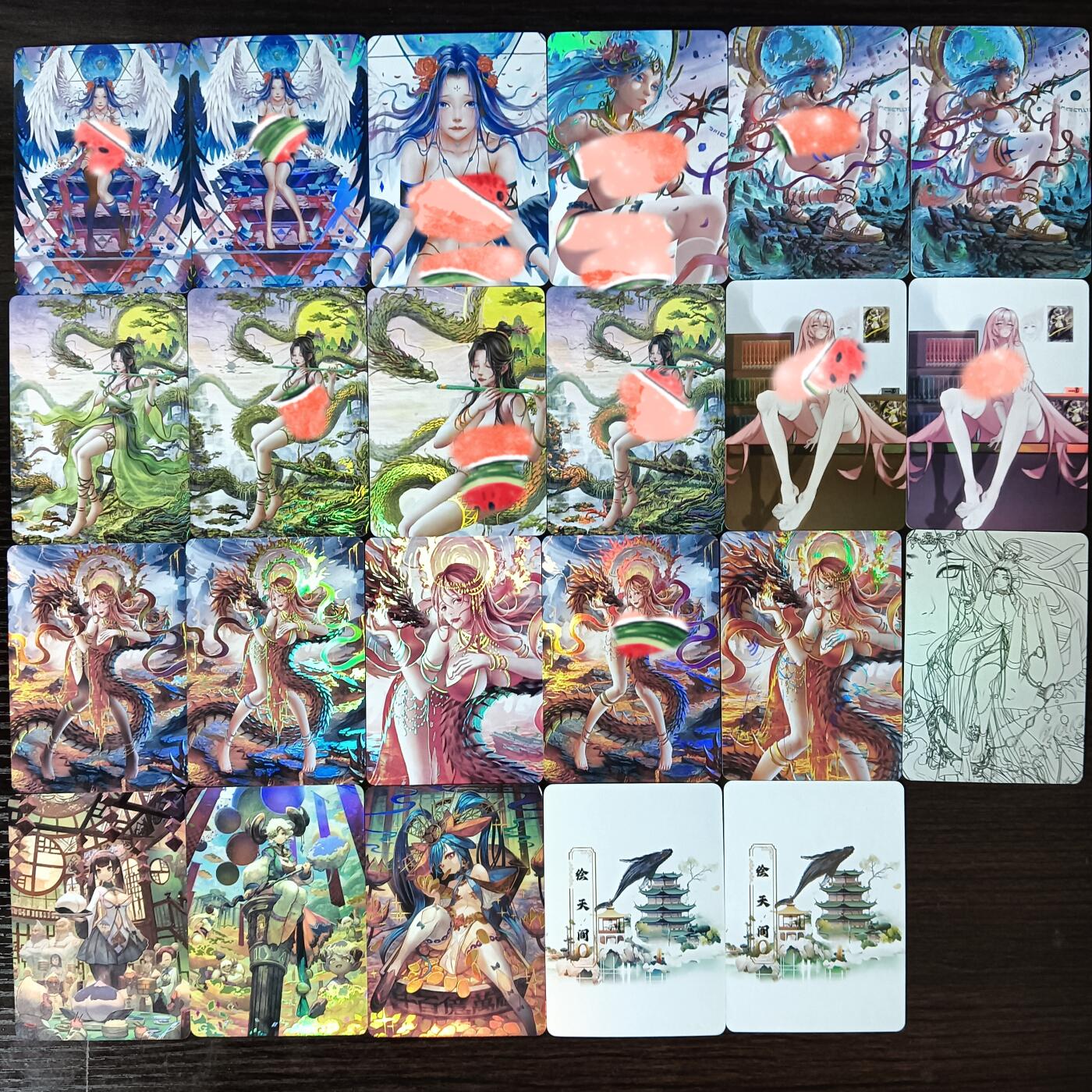 花开卡拍第29期（品控勿拍!!!拍品不寄存，运费5元，自制卡难免瑕疵，可能存在轻微撞角爆边等出厂瑕疵，品控介意勿拍！） 绘天阁造神计划等，精扣彩闪，23张，其中两张是艺术版，有1张右上有厂伤撞角