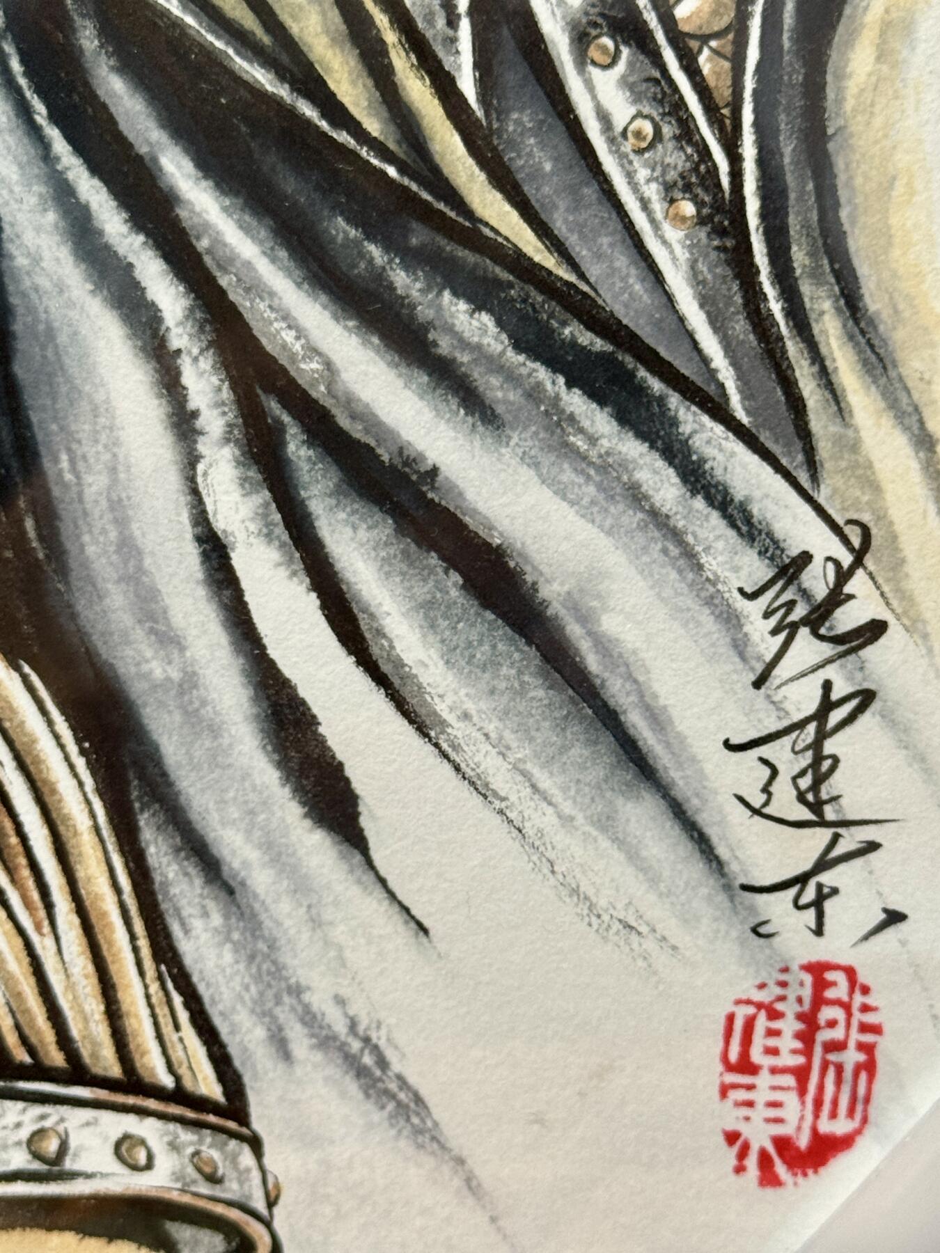 白泽拍卖卡牌手绘专场第20期（夕阳已下月初生，小暑才交雨渐晴） 2025 张建东手绘画 辕门射戟 已装裱 尺寸：29cm*42cm