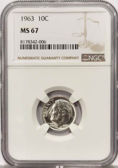 博洋堂世界钱币拍卖第129期（全场包邮） NGC MS67 美国1963年罗斯福10分银币，流通高分难得