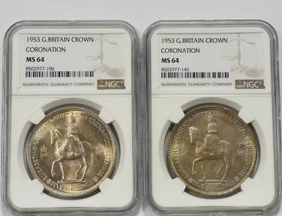 博洋堂世界钱币拍卖第129期（全场包邮） NGC MS64 英国1953年伊丽莎白二世登基纪念克朗2枚一对