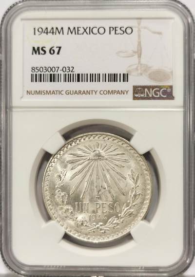 博洋堂世界钱币拍卖第129期（全场包邮） NGC MS67 墨西哥1944年1比索鹰洋银币，极致高分