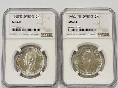 博洋堂世界钱币拍卖第129期（全场包邮） NGC MS64 瑞典1950年古斯塔夫五世2克朗银币含骑字年份2枚一对