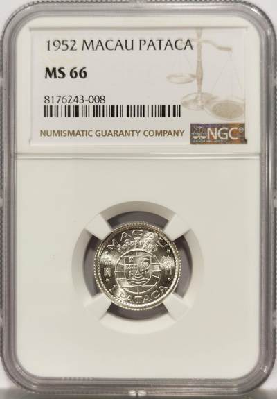 博洋堂世界钱币拍卖第129期（全场包邮） NGC MS66 葡属澳门1952年首版壹圆银币，顶级高分