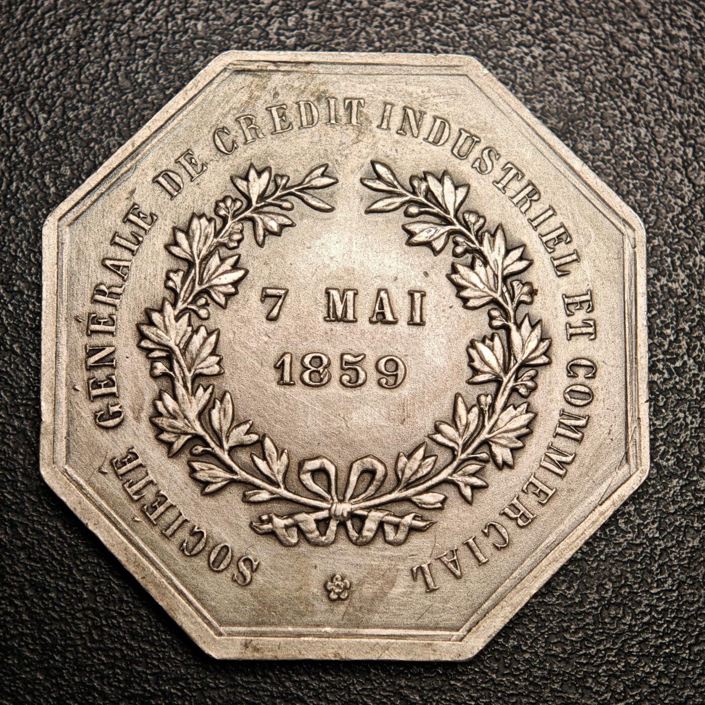 【德藏】世界币章拍卖第136期（拍品征集中~欢迎藏友联系） 1859年 法国工商信贷银行八角代用币银章 丰饶角边铭 丰饶角边铭 状态安逸  直径约：36.9mm；重约：21.7g