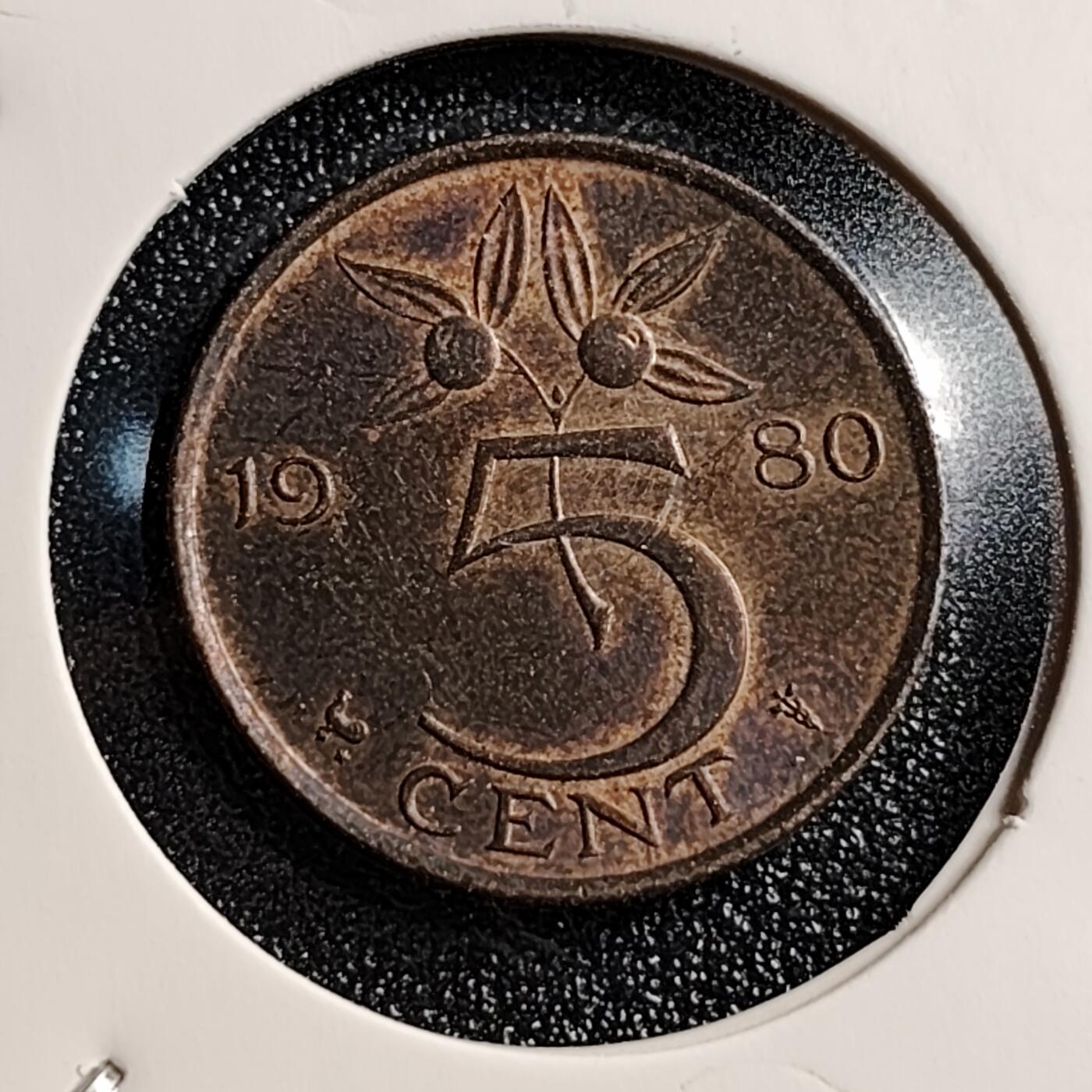 泉币菌-第46场-周末福利场 铜光美品 荷兰1980年5分 橙子 朱丽安娜女王 公鸡&星星暗记 青铜币 21mm 