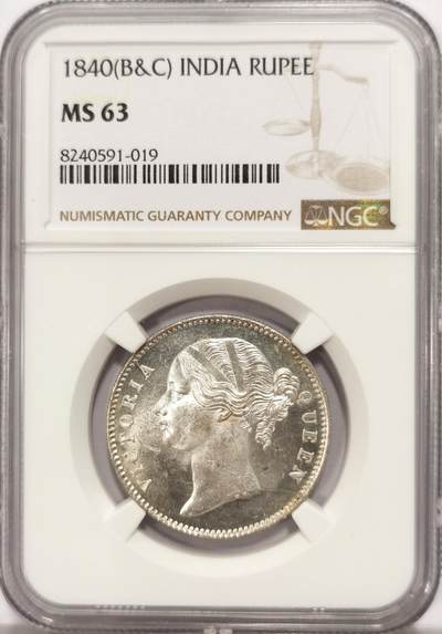 博洋堂世界钱币拍卖第129期（全场包邮） NGC MS63 英属东印度公司1840年维多利亚双辫版1卢比银币