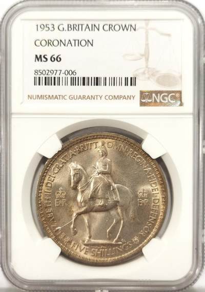 博洋堂世界钱币拍卖第129期（全场包邮） NGC MS66 英国1953年伊丽莎白二世登基纪念克朗，高分少见