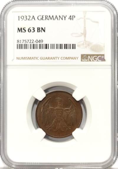博洋堂世界钱币拍卖第129期（全场包邮） NGC MS63BN 德国魏玛共和国1932年4芬尼铜币，特殊面值