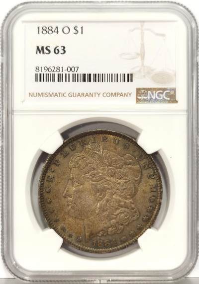 博洋堂世界钱币拍卖第129期（全场包邮） NGC MS63 美国1884年O版摩根大银币，绝美五彩包浆