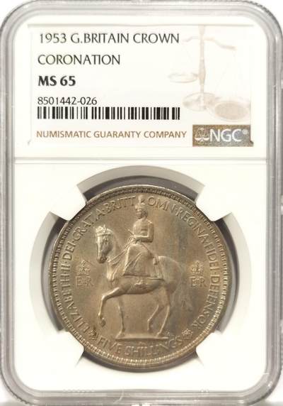 博洋堂世界钱币拍卖第129期（全场包邮） NGC MS65 英国1953年伊丽莎白二世登基纪念克朗