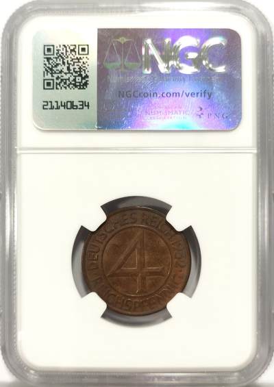 博洋堂世界钱币拍卖第129期（全场包邮） NGC MS63BN 德国魏玛共和国1932年4芬尼铜币，特殊面值