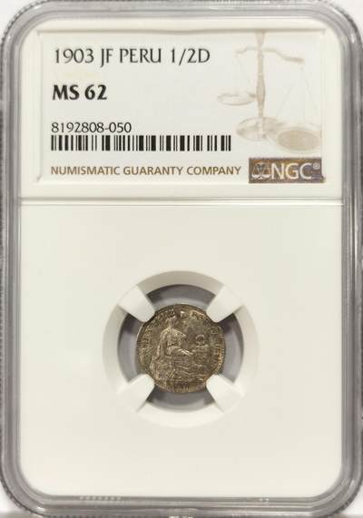 博洋堂世界钱币拍卖第129期（全场包邮） NGC MS62 秘鲁1903年坐人女神1/2D小银币