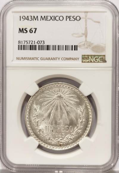 博洋堂世界钱币拍卖第129期（全场包邮） NGC MS67 墨西哥1943年1比索鹰洋银币，极致高分