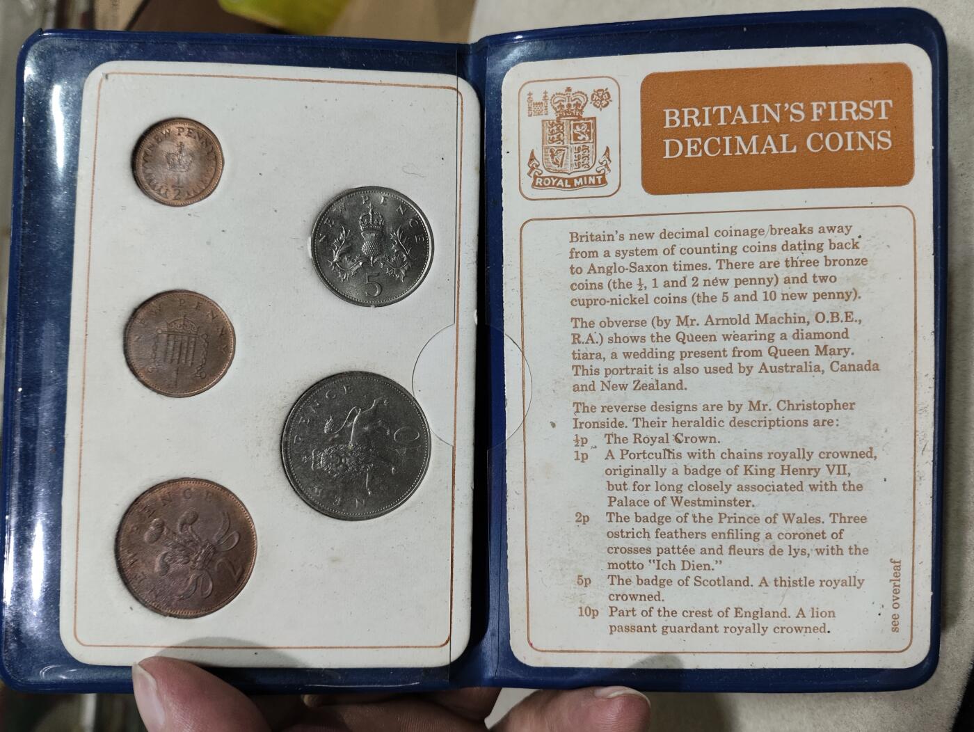 外币收藏 英国第一套商业套币、十进制硬币 1968-71年，原装5枚伊丽莎白二世头像硬币