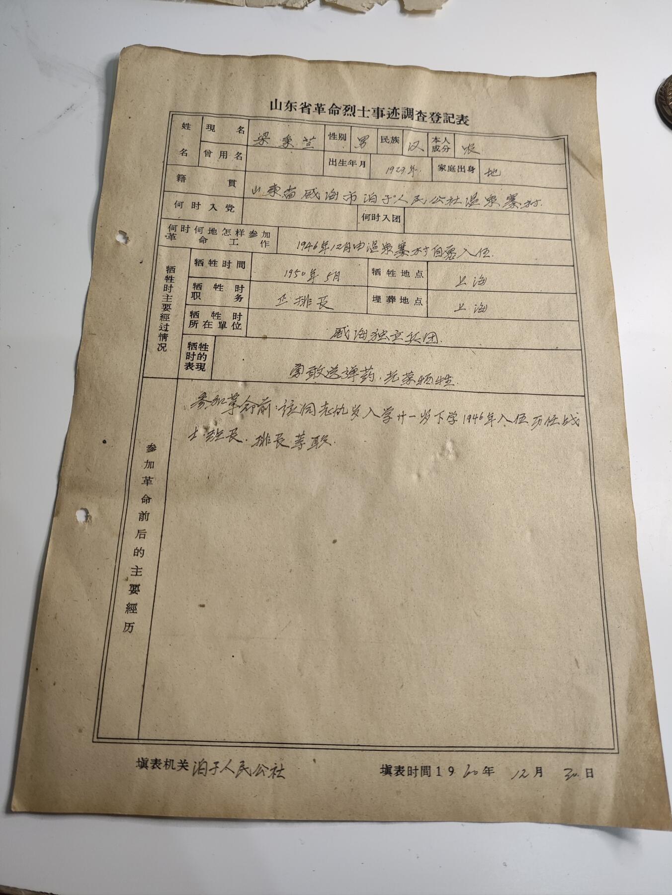 新时代收藏徽章红藏拍卖(第二十二场)   烈士登记表一张 山东烈士牺牲在上海