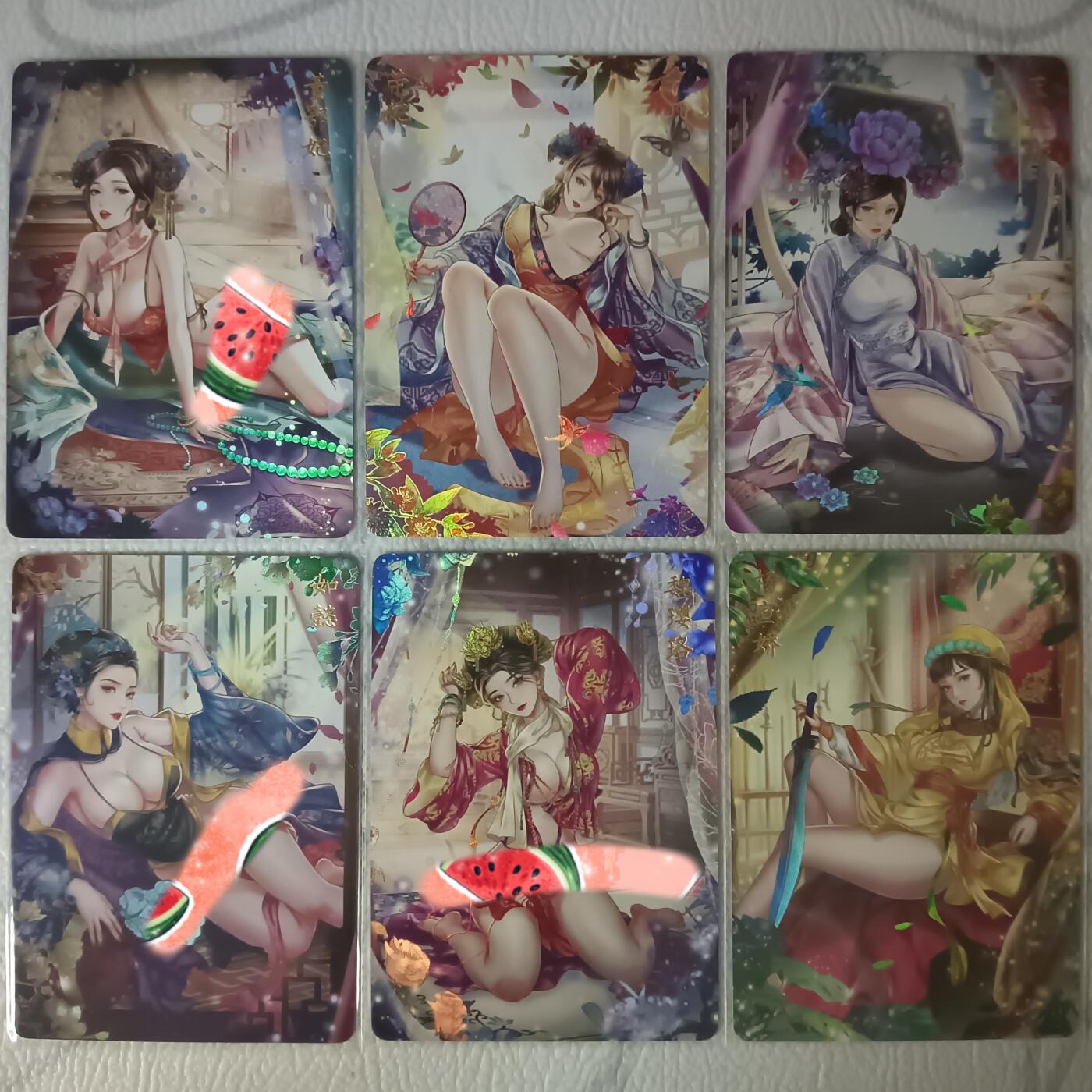 花开卡拍第29期（品控勿拍!!!拍品不寄存，运费5元，自制卡难免瑕疵，可能存在轻微撞角爆边等出厂瑕疵，品控介意勿拍！） 燎原卡牌 解语花 民清番外 第6弹 彩闪 一套6张