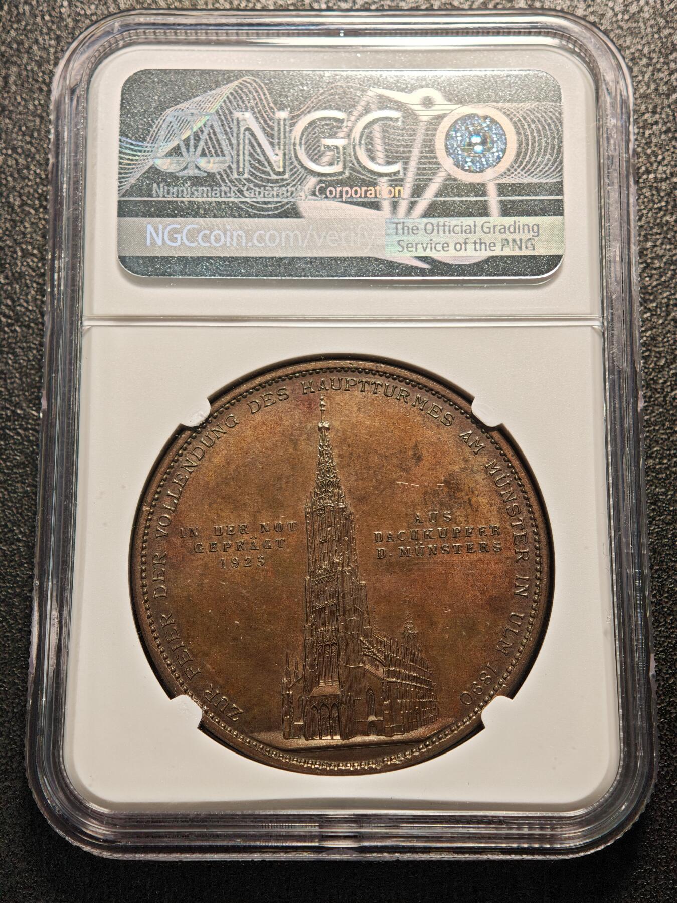 【德藏】世界币章拍卖第136期（拍品征集中~欢迎藏友联系） 1923年 德国乌尔姆大教堂修复41mm纪念铜章 NGC MS61BN