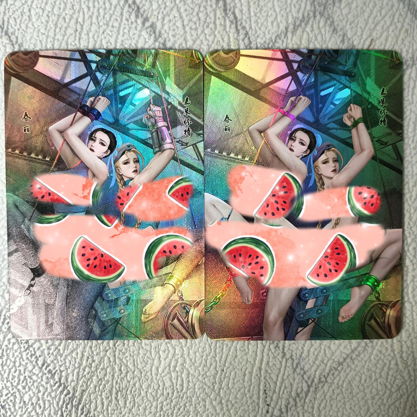 花开卡拍第29期（品控勿拍!!!拍品不寄存，运费5元，自制卡难免瑕疵，可能存在轻微撞角爆边等出厂瑕疵，品控介意勿拍！） 嘎嘎鸭艺术对卡 春丽嘉米 折光彩闪