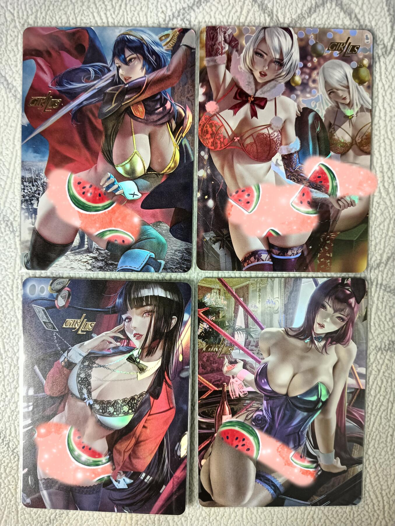 花开卡拍第29期（品控勿拍!!!拍品不寄存，运费5元，自制卡难免瑕疵，可能存在轻微撞角爆边等出厂瑕疵，品控介意勿拍！） 京珞卡牌 ACG美女四张 彩闪 胸衣蕾丝