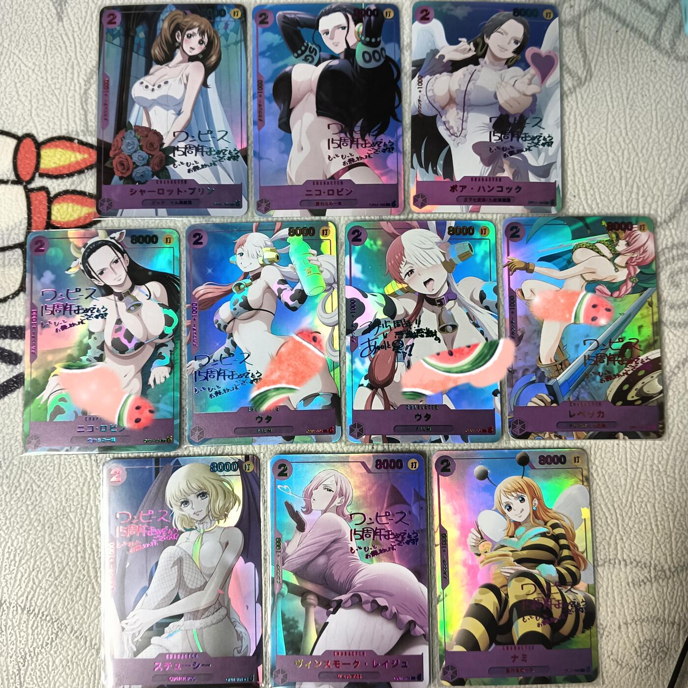 花开卡拍第29期（品控勿拍!!!拍品不寄存，运费5元，自制卡难免瑕疵，可能存在轻微撞角爆边等出厂瑕疵，品控介意勿拍！） 嘎嘎鸭 海贼王变装系列10张 彩闪