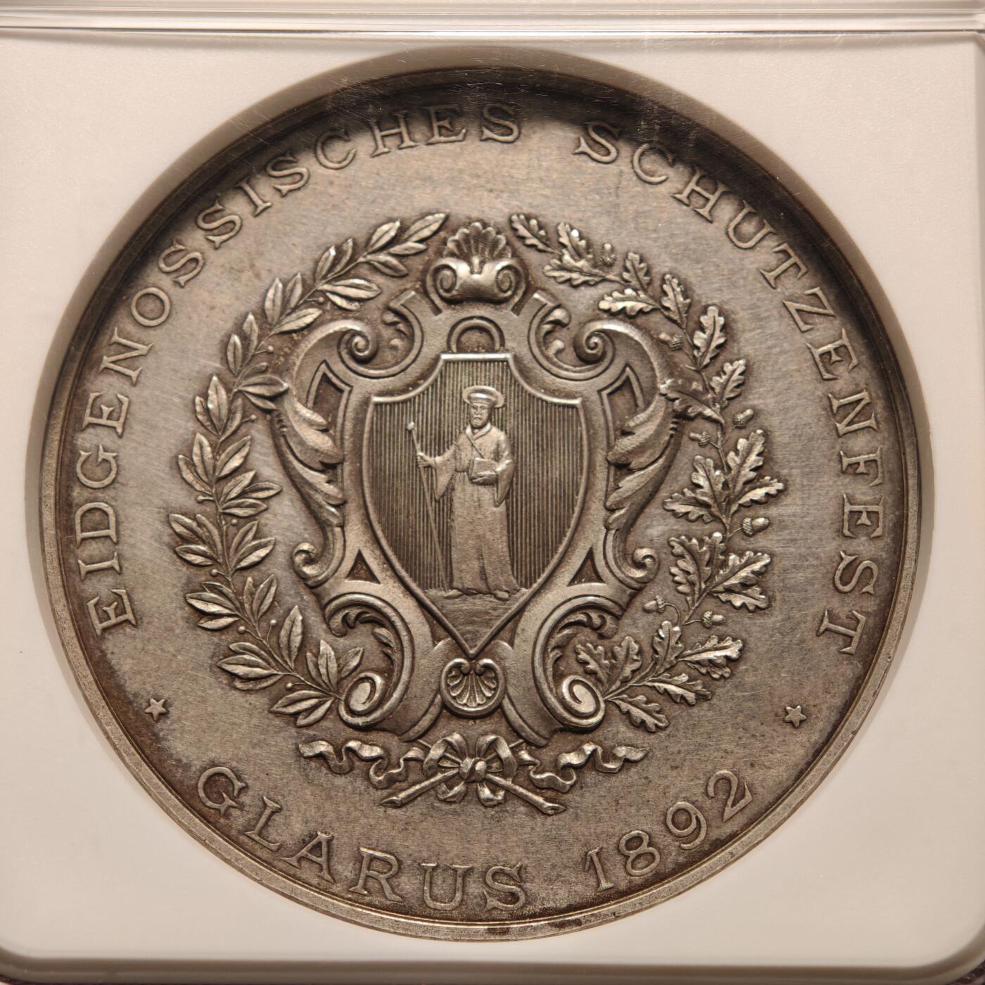 【德藏】世界币章拍卖第136期（拍品征集中~欢迎藏友联系） 1892年 瑞士格拉鲁斯射击节纪念银章 NGC MS62 高浮雕设计 层次丰富