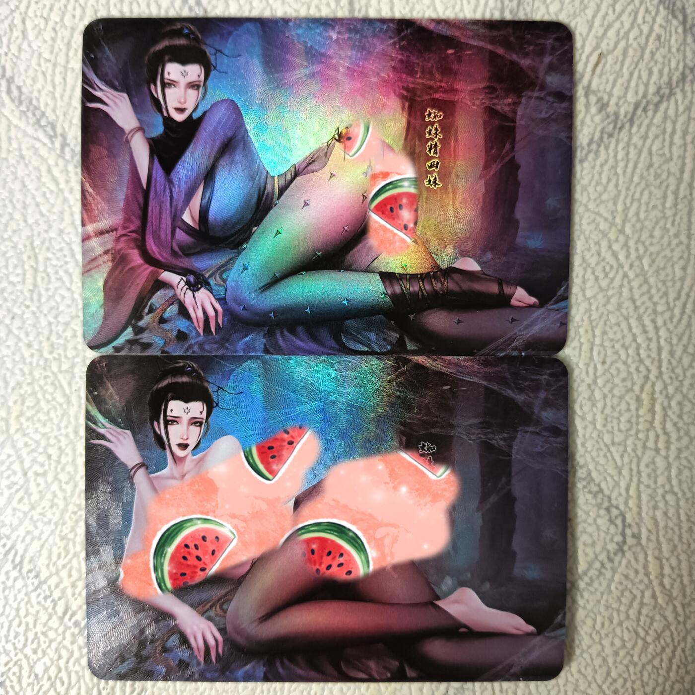 花开卡拍第29期（品控勿拍!!!拍品不寄存，运费5元，自制卡难免瑕疵，可能存在轻微撞角爆边等出厂瑕疵，品控介意勿拍！） 嘎嘎鸭艺术对卡 蜘蛛精四妹 折光彩闪
