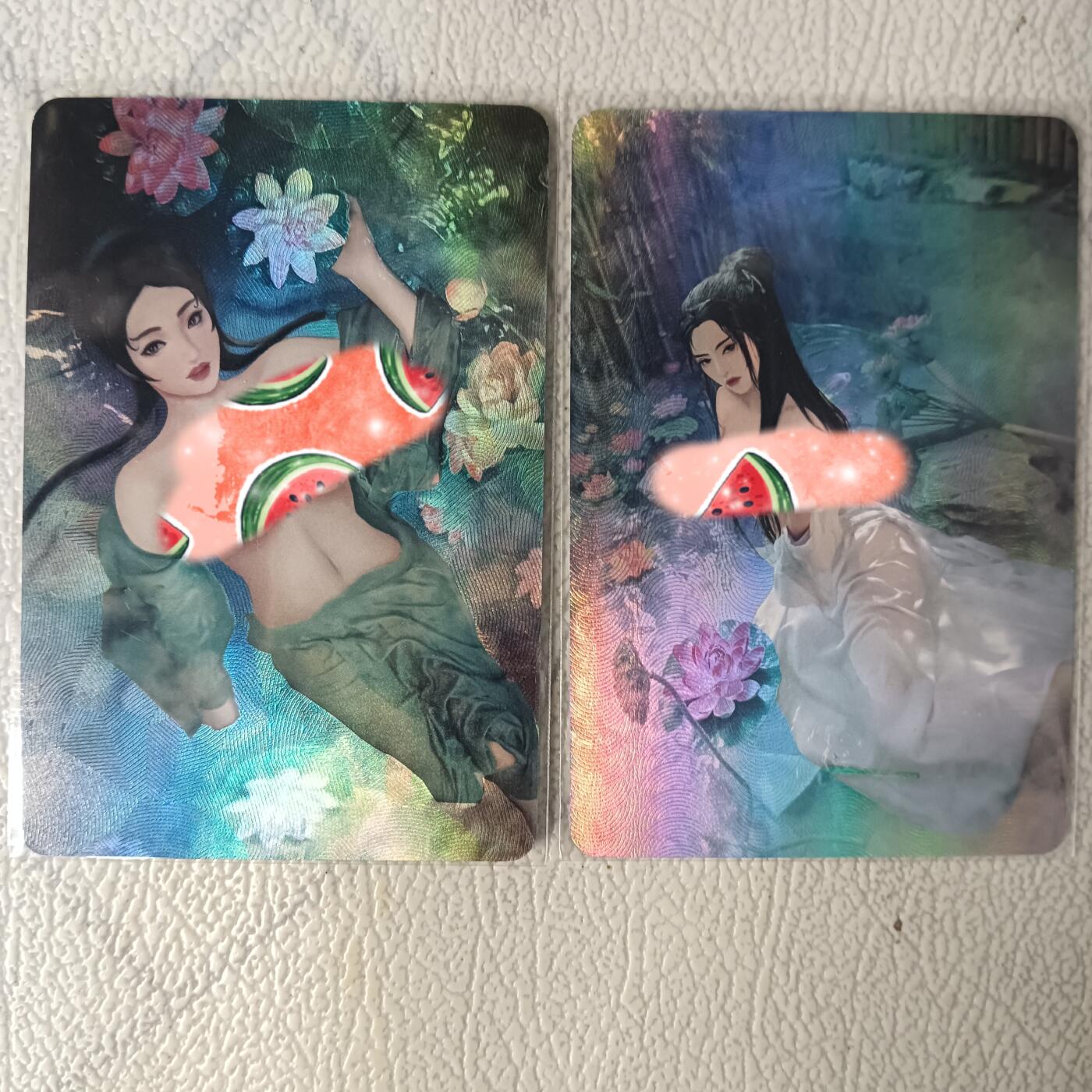 花开卡拍第29期（品控勿拍!!!拍品不寄存，运费5元，自制卡难免瑕疵，可能存在轻微撞角爆边等出厂瑕疵，品控介意勿拍！） 火猪卡牌 白蛇传 小青+小白 彩闪 2张都是正面艺术版