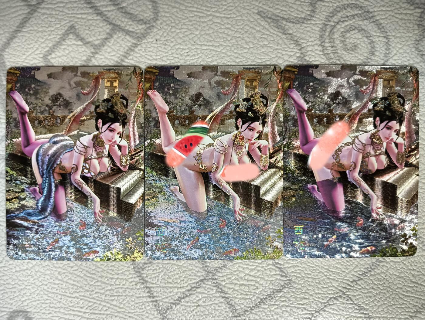 花开卡拍第29期（品控勿拍!!!拍品不寄存，运费5元，自制卡难免瑕疵，可能存在轻微撞角爆边等出厂瑕疵，品控介意勿拍！） 燎原卡牌 焱卡文化 巴丁绝色绘卷PART1西施，粗闪，一套三张