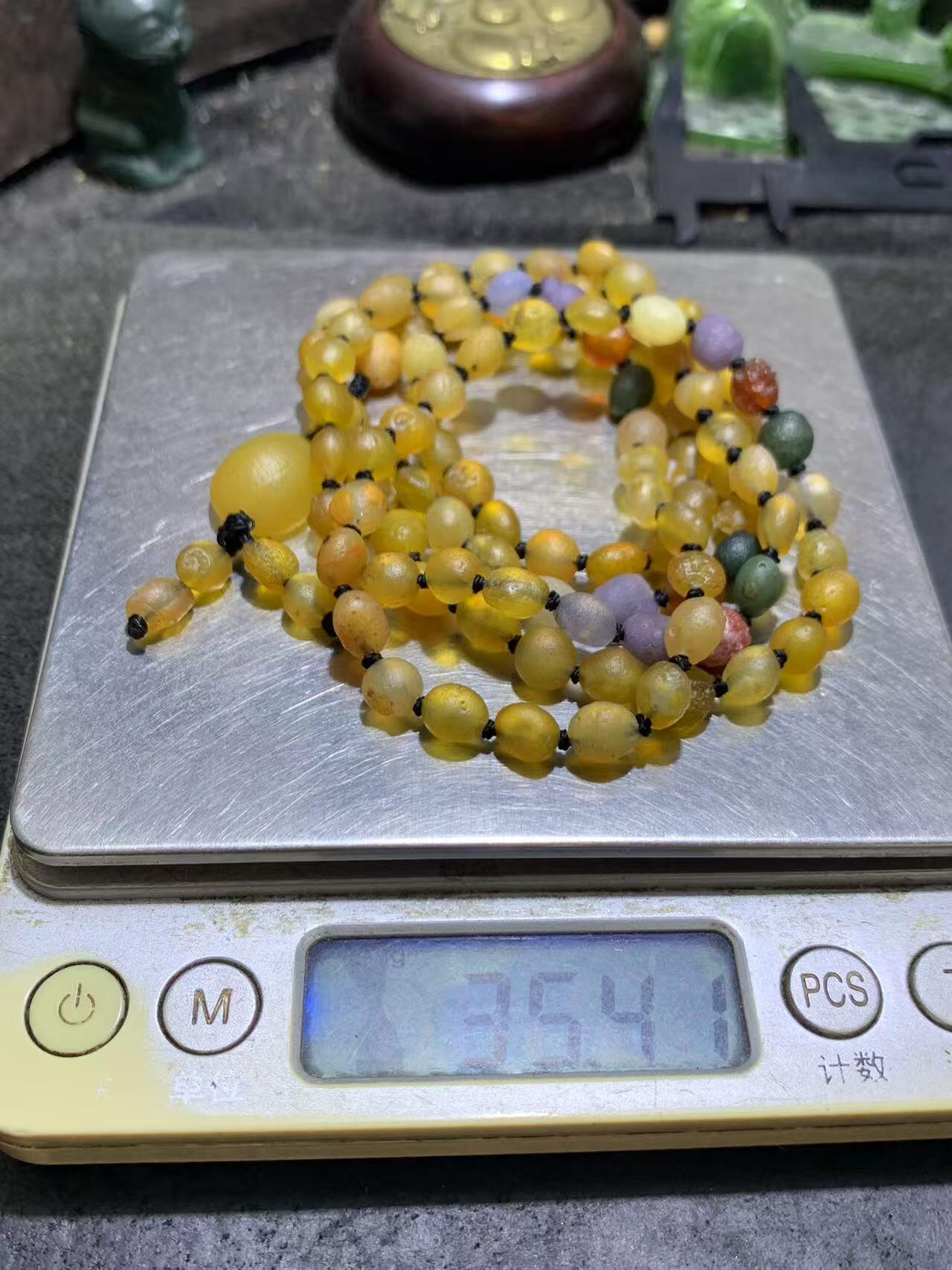 精美天然阿拉善108高圆度黄 色系彩珠玛瑙项链(手串)一条