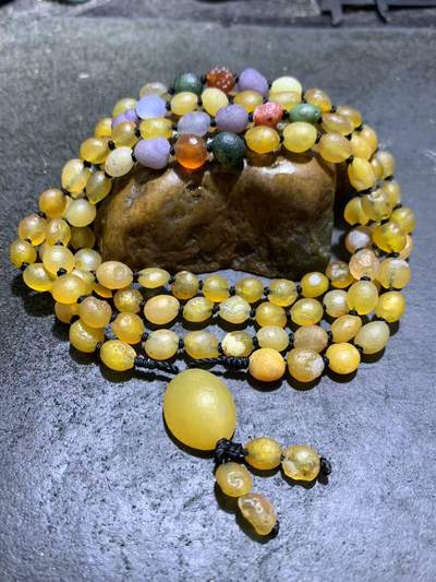 精美天然阿拉善108高圆度黄 色系彩珠玛瑙项链(手串)一条 - 精美天然阿拉善108高圆度黄 色系彩珠玛瑙项链(手串)一条