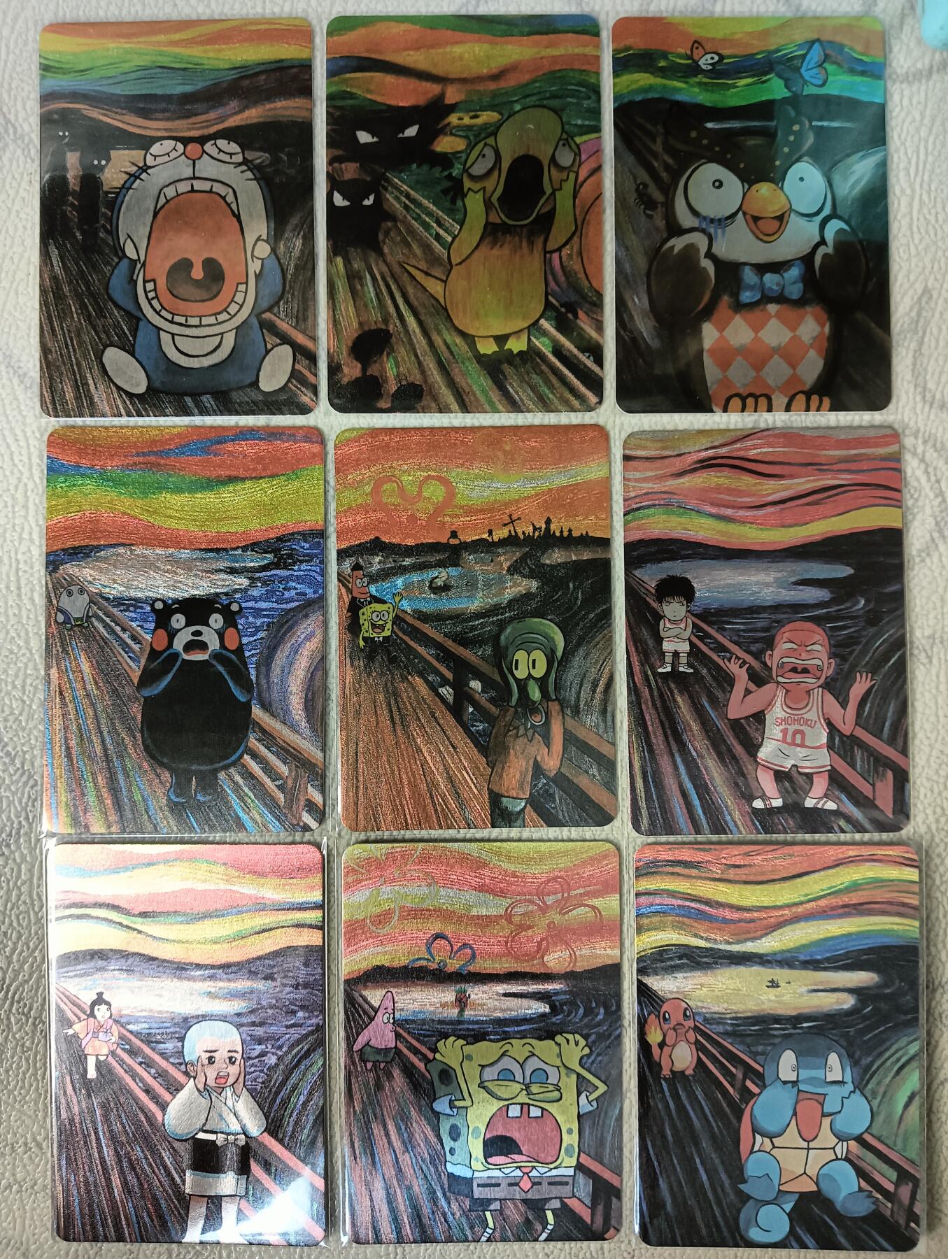 花开卡拍第29期（品控勿拍!!!拍品不寄存，运费5元，自制卡难免瑕疵，可能存在轻微撞角爆边等出厂瑕疵，品控介意勿拍！） 油画呐喊系列 动漫角色都在呐喊9张 粗闪